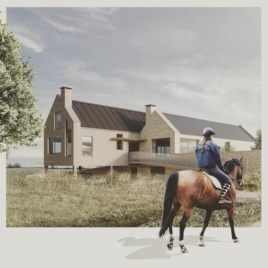 render of rural house in fields