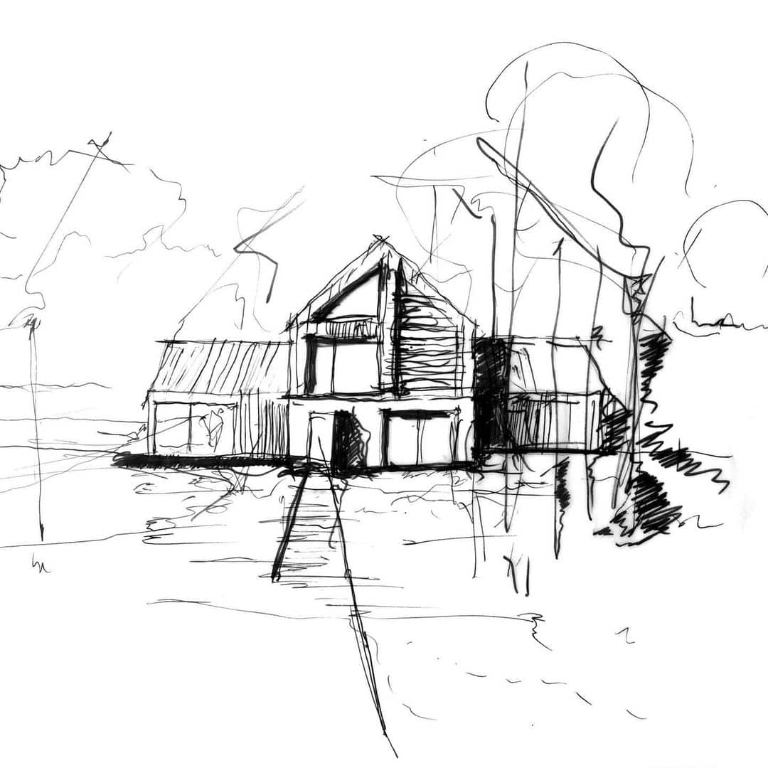 sketch house by a lake