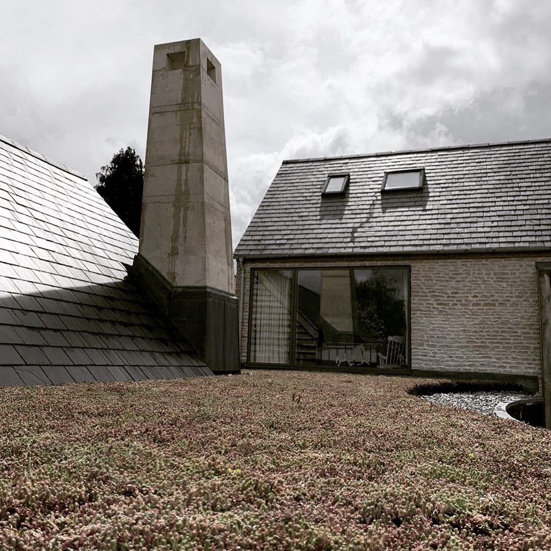 green roof and concrete chimney