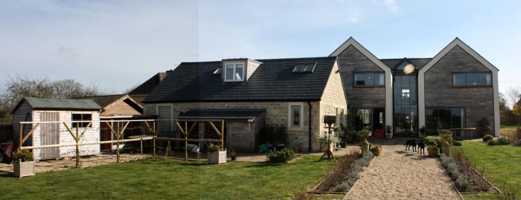 elevation with twin gable with garage and lawns