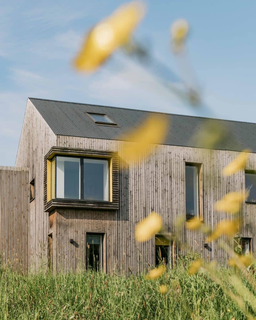 Modern wooden house on Plot 3 in spring bloom, with large windows, sits in tall green grass under a blue sky. The building features vertical cladding and a sloped dark roof. Out-of-focus yellow wildflowers slightly obscure the foreground view.