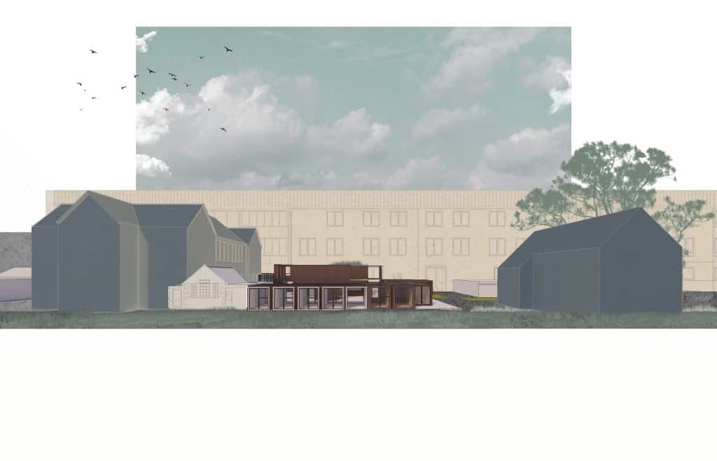 Architectural rendering of a modern building complex featuring a mix of flat and pitched roof structures. The foreground shows a contemporary building with large windows, while the background includes a larger, uniform building with multiple windows. Trees line the right side, and birds are flying in a partly cloudy sky.