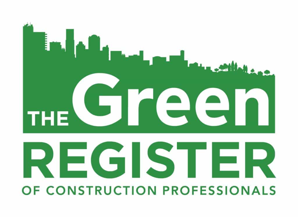 Logo with a green city skyline silhouette above large text: The Green Register. Below, in smaller green letters: OF CONSTRUCTION PROFESSIONALS. Ideal for architects in Wiltshire, the design suggests a focus on sustainable building practices.