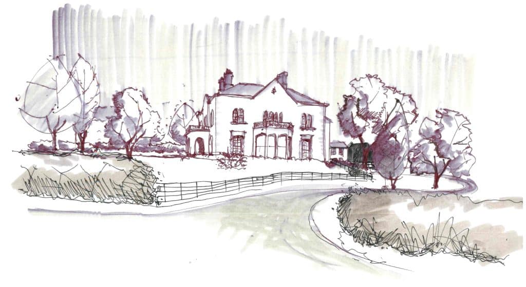 Sketch of a large house with chimneys, arched windows, trees, and a curved driveway.