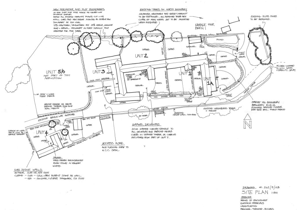 Hand-drawn site plan showing labelled units, garages, driveways, paths, trees, and hedges. Notes detail boundaries, site features, existing structures, and proposed changes. North arrow, scale, and title block with project info are in the bottom right corner.